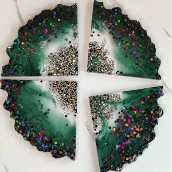 Handmade Dark Green and Glitter Resin Coasters - Picture 4 of 5